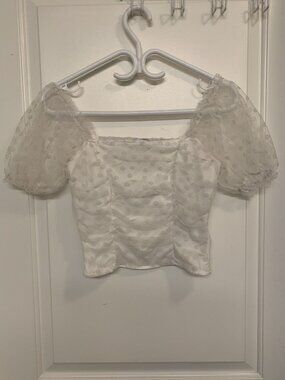White Crop Top Small With‎ Puff Sleeves Sheer Mesh Ruching Floral Lace